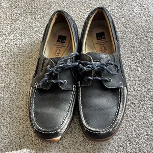 J & M XC4 Navy Blue Leather Boat Shoes Classic Men's Moccasin Loafers w/drainage